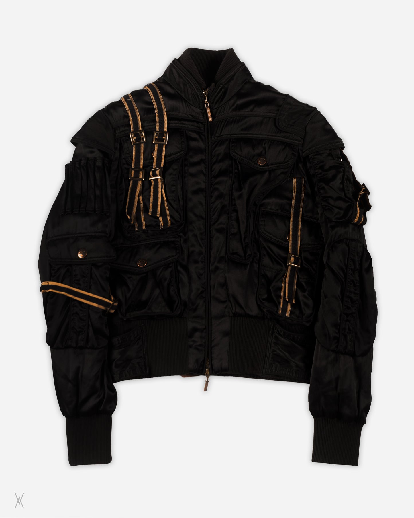 Black Silk Satin Multi-Pocket Bomber Jacket