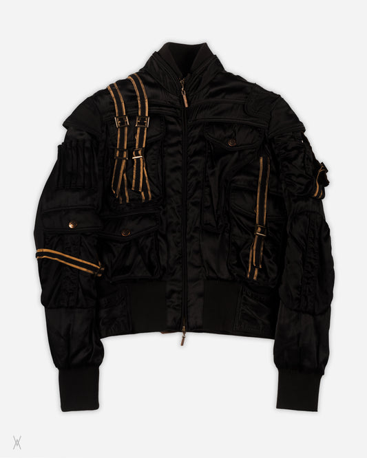 Black Silk Satin Multi-Pocket Bomber Jacket