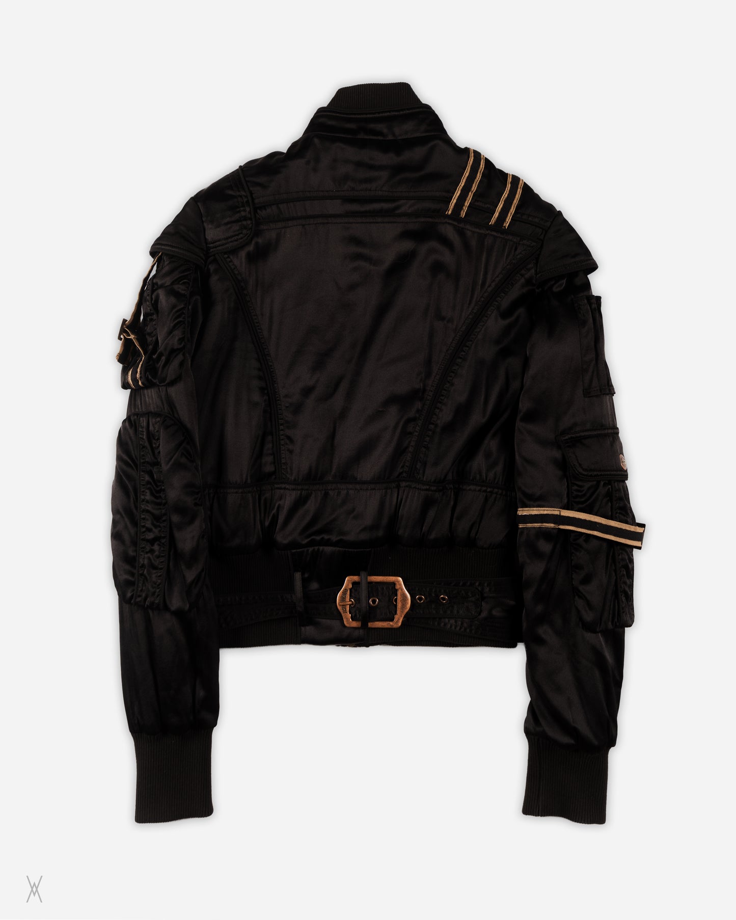 Black Silk Satin Multi-Pocket Bomber Jacket